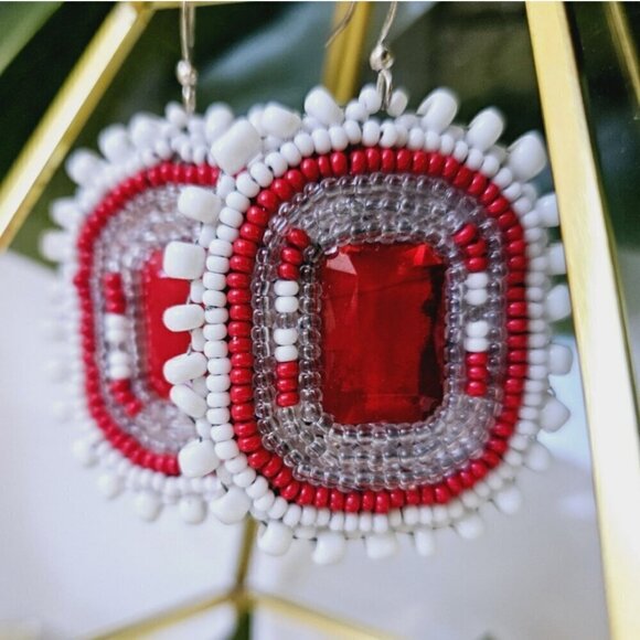 2/$27 | White + Red Beaded Bohemian Indigenous Native Hoop Earrings | Handmade - Picture 1 of 9